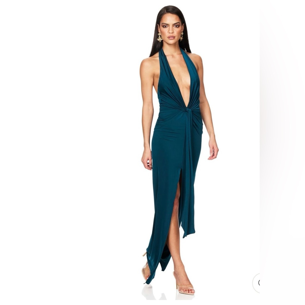 Nookie Legacy Gown Teal XS Plunging Halter Formal Dress